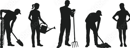 Diverse silhouettes of people engaged in gardening tasks, using tools like a shovel, pitchfork, and watering can vector.