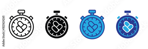 Stopwatch icon with pills inside, representing medicine timing, health, medical treatment, and time management in healthcare, isolated on white.