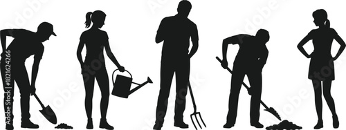 Diverse silhouettes of people gardening and farming, using tools like a shovel, watering can, and pitchfork vector.