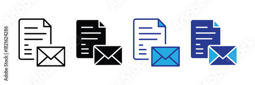 Set of four icons representing document and envelope communication options in line, filled black, and blue color variations on a white background