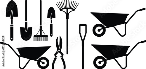 Essential gardening tools, wheelbarrow, shovel, rake, and shears vector silhouette icon set, isolated black graphics.