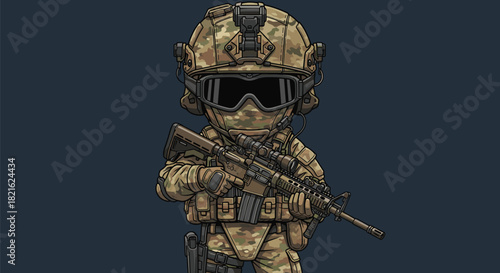 Cartoon Soldier Character Ready for Duty: Military Personnel Holding Rifle in Combat Gear, Digital Illustration for Gaming, Animation & Tactical Defense Projects, Camouflage Uniform in Dark Ambiance,
