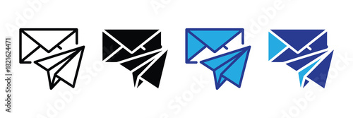 Set of email icons with paper airplane symbolizing sending and receiving messages, communication, and correspondence, vector illustration