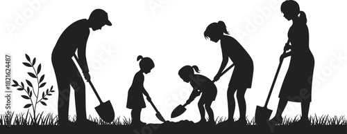 Family planting a tree together, father, mother, and children gardening silhouette vector illustration scene.