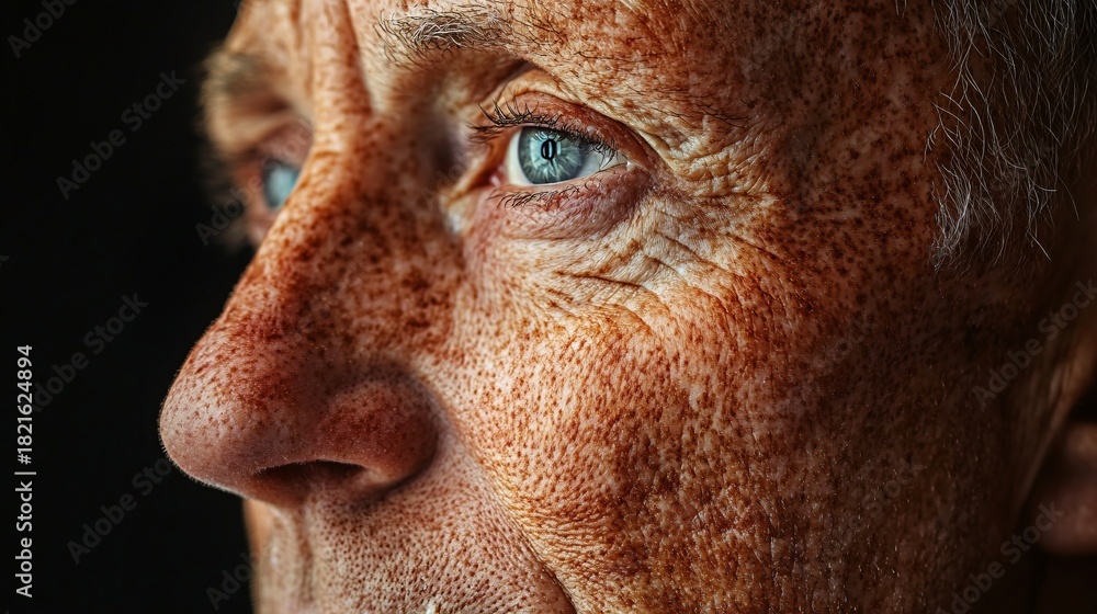 Obraz premium A close-up shot of a face showing keratosis pilaris, often referred to as chicken skin. The skin texture is visible, highlighting the condition and focusing on a detail of human anatomy.