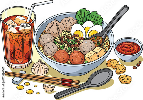 Enjoying Indonesian Bakso Soup with Noodles and Iced Tea: A Culinary Delight for Foodies in a Warm, Inviting Setting, Perfect for Travel Blogs, Restaurant Menus, and Cultural Celebrations. Featuring M