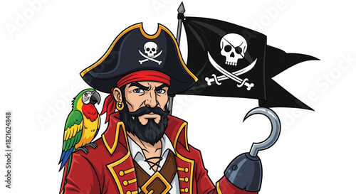 Cartoon Pirate Captain with Parrot and Jolly Roger Flag Standing Tall: Nautical Adventure Concept for Children's Illustration, Fantasy Game Design, Halloween, Costume Party Invitations, and Themed Mar