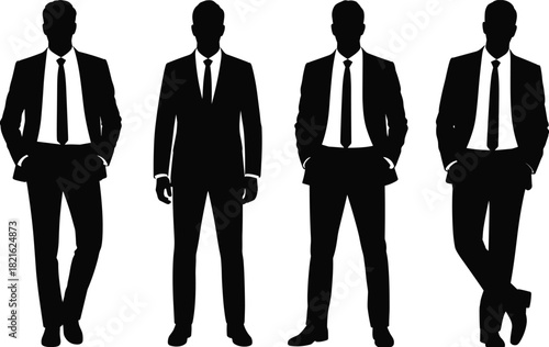 Four detailed vector silhouettes of confident businessmen in modern suits, illustrating corporate professionalism and success.