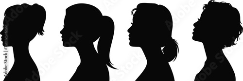 Four distinct female profile silhouettes showcasing different modern hairstyles like ponytail, bob, and short curly hair vector.