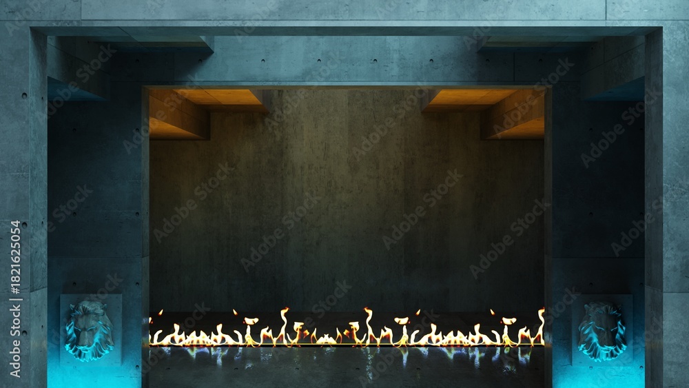 Naklejka premium Futuristic Concrete Fireplace Hall with Lion Statues