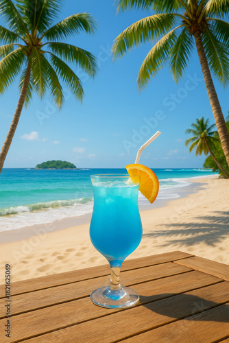 Blue Tropical Cocktail on Beach Table with Palm Trees and Ocean Background
