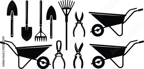 Garden tools, wheelbarrow, rake, shovel, and pruning shears vector silhouette icon set, isolated black graphics.