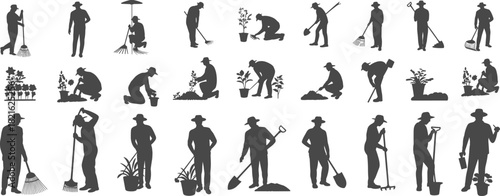 Gardener working with tools, planting flowers, farming labor silhouette set, spring agriculture vector collection.