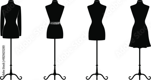 Four elegant vector female dress form silhouettes on stands, showcasing fashion design, tailoring, and garment display.