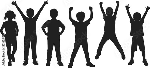 Group of happy children and kids silhouettes jumping and standing with arms raised, celebrating joy and fun vector.