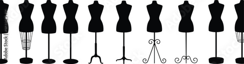 Horizontal row of diverse dress form and tailoring mannequin silhouettes with various stand designs vector illustration.