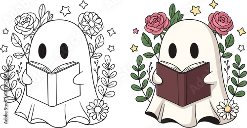 Cute reading ghost illustration, floral magical design, adorable spooky character with book, enchanting botanical elements perfect for Halloween, stickers, and coloring pages