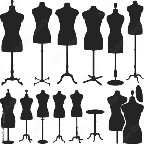 Large vector collection of dress form and tailoring mannequin silhouettes for fashion design, sewing, and clothing display.