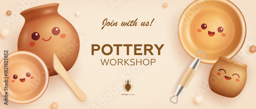 Pottery workshop advertising vector banner design template. Hand made ceramics, clay crockery cartoon 3d illustration. Pottery lesson, ceramic studio, hobby master class invitation layout
