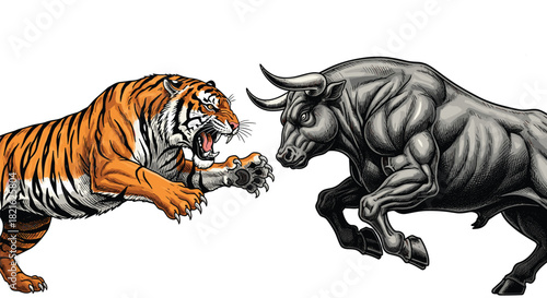 Tiger versus Bull Face-Off: Intense Conflict, Symbolizing Market Volatility & Financial Competition, Aggressive Confrontation in Business & Investment Landscape, Dynamic Fight, Powerful Mascot, Streng