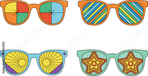 Colorful Sunglasses Vector Set with Abstract Geometric Patterns, Retro Summer Fashion Accessories Collection