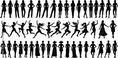 Large vector set of diverse women silhouettes in various standing, dancing, and elegant fashion poses collection.