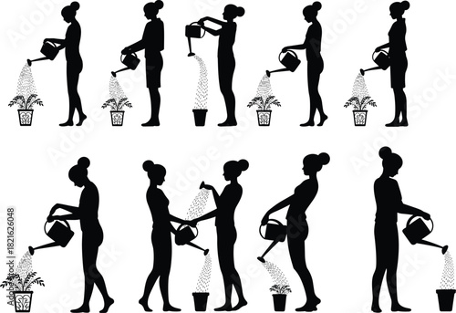 Large vector set of ten female silhouettes watering potted plants with a can, demonstrating garden and nature care.