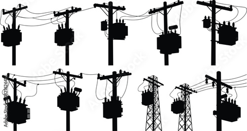 Electric Power Distribution System: Utility Poles, Multiple Transformers, and Small Transmission Tower Silhouette Set