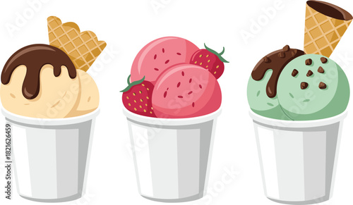 Three individual ice cream cups featuring vanilla, strawberry, mint chocolate flavors, perfect summer dessert vector illustration.