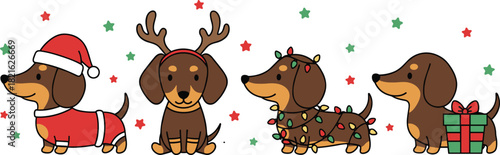Cute Christmas dachshund illustrations, festive holiday dogs wearing costumes, adorable winter cartoon pets decorated with lights, presents, and seasonal accessories