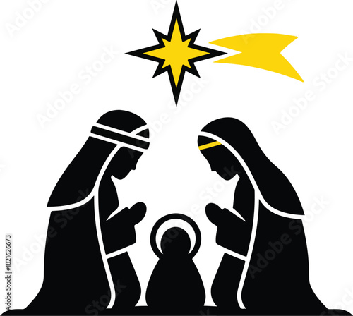 Nativity Silhouette: A minimalist silhouette depicts the sacred scene of the nativity, with Mary, Joseph, and the baby Jesus, under the watchful gaze of a guiding star.
