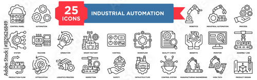 industrial automation icon set with 25 outline vector icons. Includes automation,robotics,process control, machine control, automation process, optimization