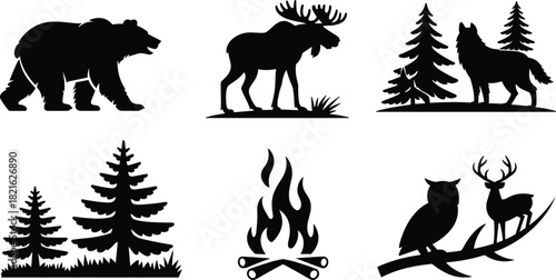 Vector set of black wilderness and forest silhouettes including bear, moose, wolf, trees, bonfire, and owl nature icons.