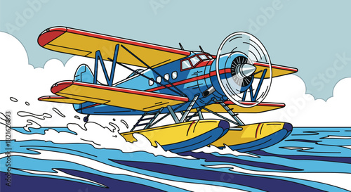 Vintage Seaplane Landing on Water, Colorful Retro Airplane Illustration, Biplane Action in Coastal Setting, Nautical Adventure Concept for Travel Industry, Aviation Graphic Resource with Yellow Wings