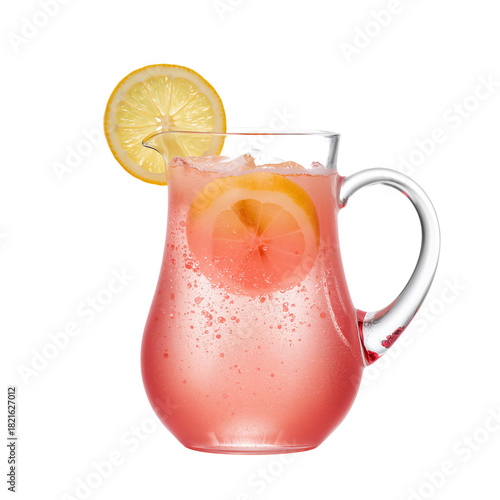 Refreshing Pink Lemonade With Lemon Slices in a Glass Pitcher on a White Back...