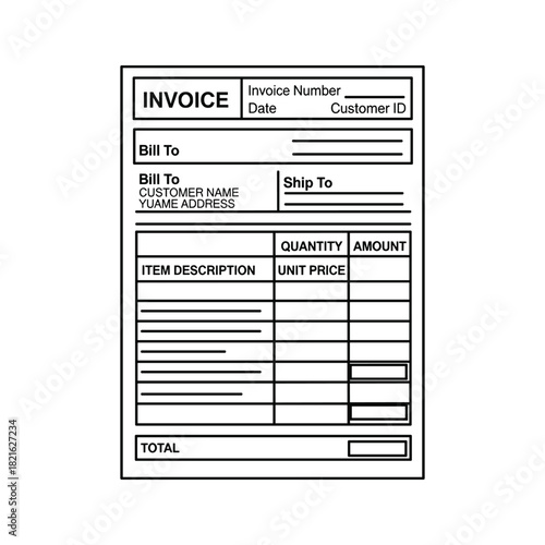 Black and white line art template of a blank invoice document isolated on