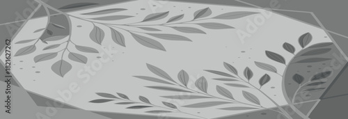 Elegant botanical design featuring stylized leaves and branches within a geometric frame backdrop