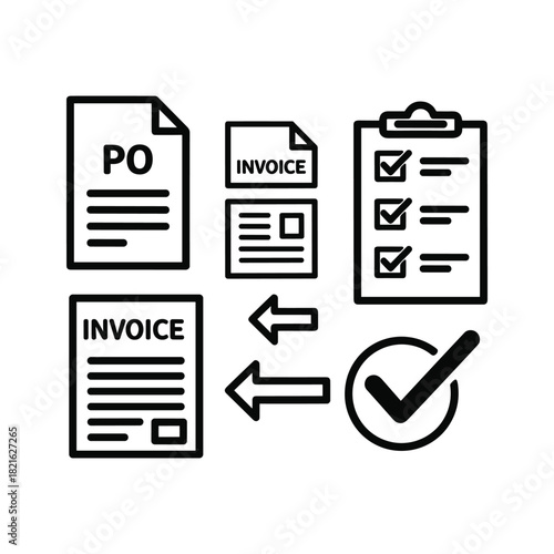 Business process flow icon set for purchase order and invoice