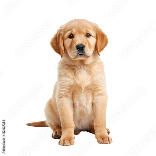 Cute Golden Retriever Puppy Sitting Indoors, Looking Playful and Curious Duri...