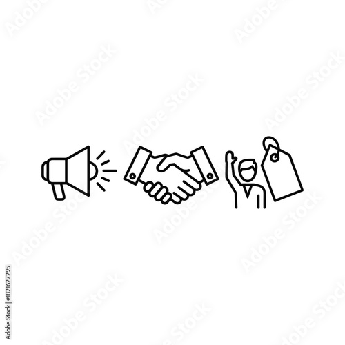 Line icon set representing announcement, agreement, and sale isolated on