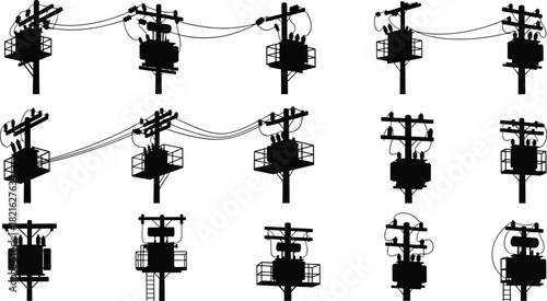 Detailed vector illustration of multiple electrical transformer poles with power lines, industrial utility structures, energy distribution equipment, and silhouetted infrastructure elements.