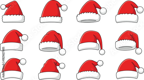 Santa hat collection, cartoon Christmas hats, festive red holiday caps, winter accessory icons, cute decorative illustration set for seasonal design projects