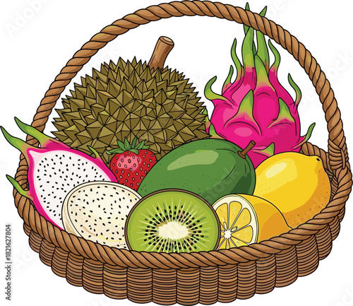 Exotic Fruits in Woven Basket Still Life Illustration for Healthy Eating Designs, Tropical Food Presentation, Culinary Art Projects & Modern Lifestyle Marketing Materials (Durian, Dragonfruit, Kiwi &