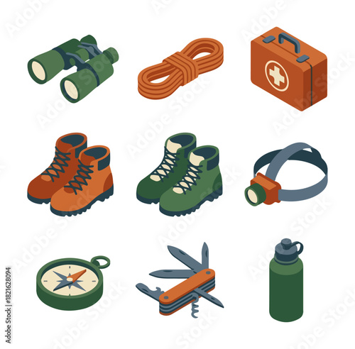 Isometric outdoor equipment collection for hiking and adventure activities