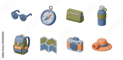 Isometric travel and adventure equipment set