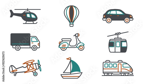 Transportation icons helicopter hot air balloon car truck scooter cable car airplane sailboat train