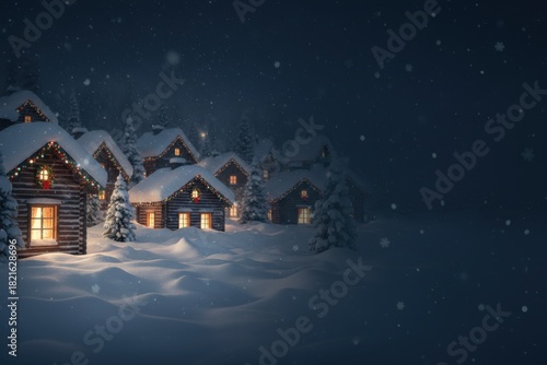A charming Christmas village with wooden houses in diagonal perspective glowing with festive decorations amid snowdrifts and falling snow with copy space