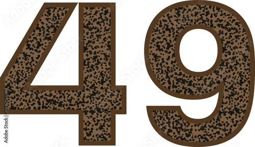 Brown Speckled Number 49 Vector, Textured Grunge Style Font for Milestone or Birthday Celebration
