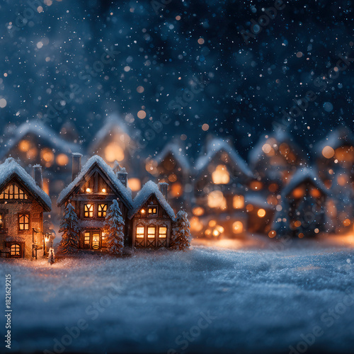 A beautiful night Christmas landscape with multi-story houses glowing with festive lights amid deep snowdrifts and falling snow for holiday greeting cards