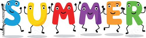 Cute colorful “SUMMER” letters with happy faces and dancing legs, fun cartoon typography perfect for kids designs, posters, and seasonal illustrations